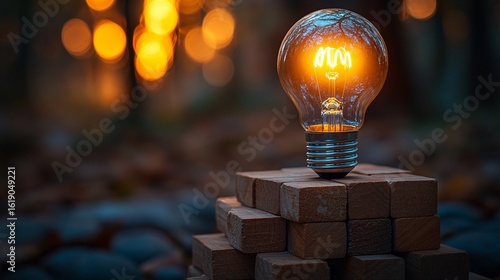 Illuminating Lightbulb on Wooden Blocks at Night