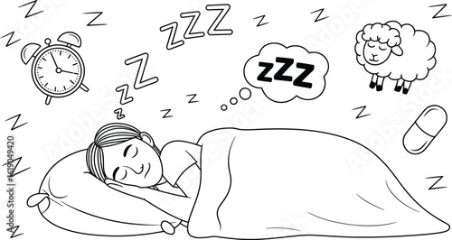 Illustration of sleeping woman with alarm clock sheep and pills for insomnia and better sleep quality