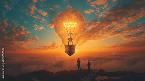 Two Figures Observe A Large Luminous Lightbulb Against A Colorful Sunset Sky