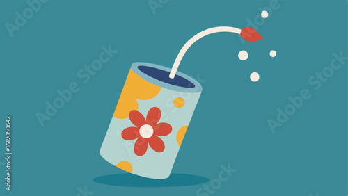 it has a flowershaped spout that releases a continuous stream of water causing it to float above the ground. The can itself is decorated with polka dots and features an oversized