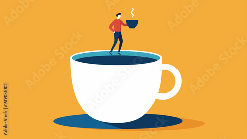 Coffee Cascade The illustration captures a miniature person perched on the edge of an oversized coffee cup. With an exaggerated gesture the tiny character tilts the cup sending a