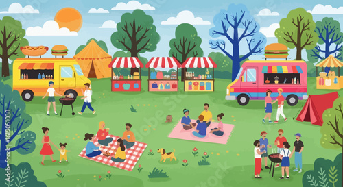Vibrant summer park festival with food trucks, picnics, and families enjoying a sunny day. Community gathering illustration.