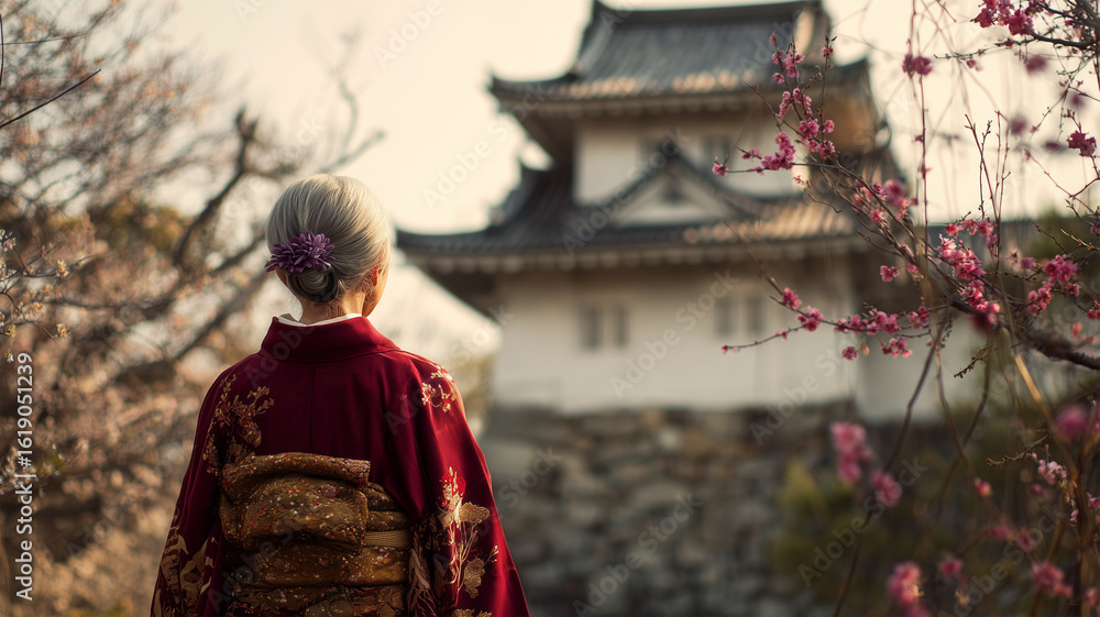 Fototapeta premium 高齢女性が紅色の着物で城を眺める後ろ姿