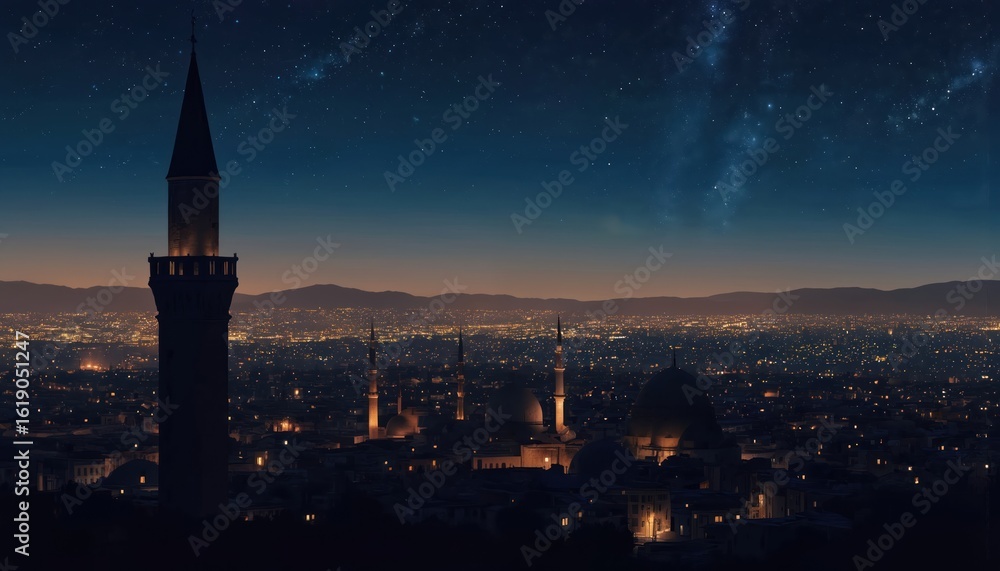 Obraz premium Night view of city skyline with illuminated minaret, mosque domes under starry sky. Urban landscape features glowing street lights, rooftops. City lights stretch to horizon with distant mountains.