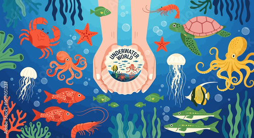 Colorful vector illustration of hands holding an open seashell revealing a miniature underwater world, surrounded by diverse marine life.