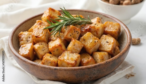 Golden roasted chicken cubes seasoned with herbs presented in rustic bowl. Savory, bite-sized pieces with crispy texture perfect for meals, snacks, or appetizers. Culinary delight for food lovers.