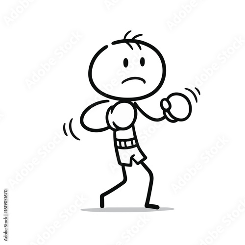 Stick figure male boxer looking determined while practicing footwork against a white background, fitness and wellness concept of gyms or personal trainers