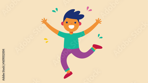 Bouncing Bliss A person is illustrated in a bouncy hop with both feet off the ground and arms flailing in delight. Their face is animated with exaggerated features big sparkling
