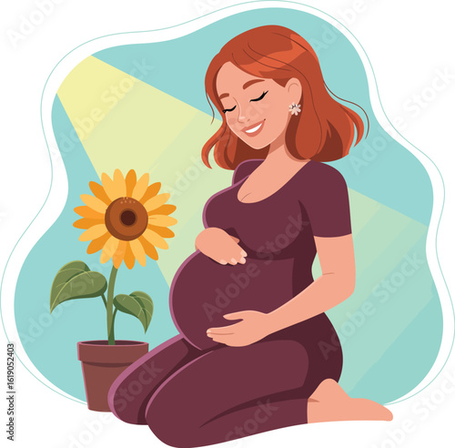Illustration of pregnant woman with sunflower for pregnancy announcement and baby shower invitation