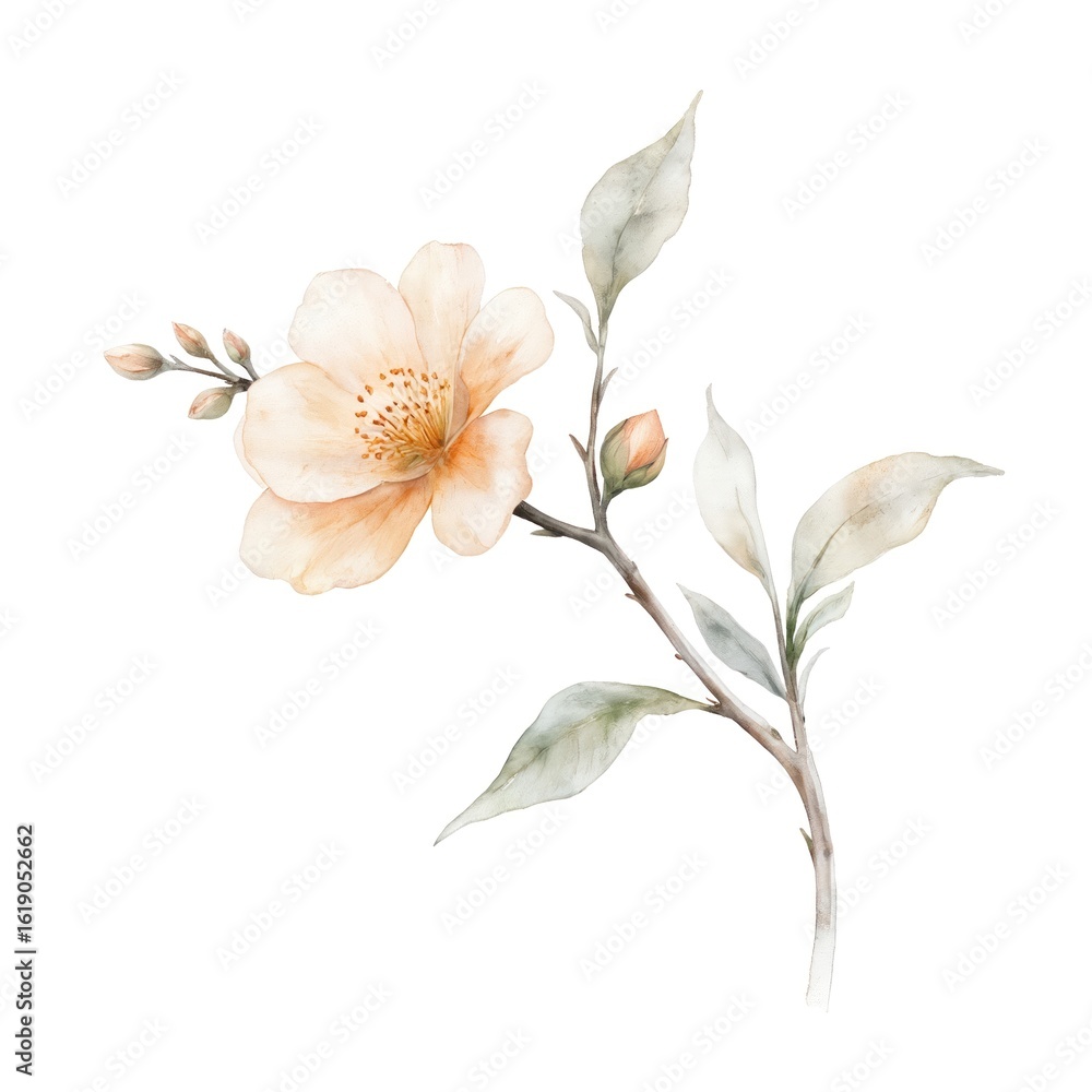 Fototapeta premium Delicate watercolor illustration features pale peach flower with intricate stamens on branch with muted green leaves, buds. Pastel tones on white background evoke spring, summer. Perfect for floral