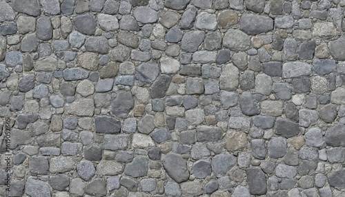 Grungy gray cobblestone wall texture. Natural rock pattern, seamless tileable background. Rough stone surface, old street pavement, urban architecture material. Grey blocks form rugged, weathered