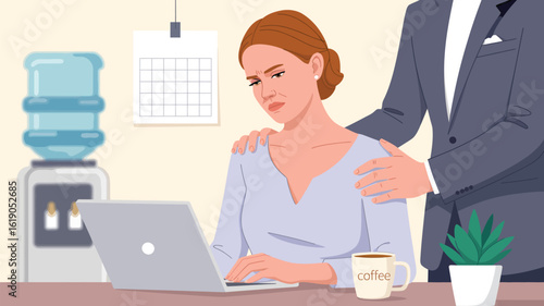 Sexual harassment in the workplace illustration of unwanted touch at the office and discrimination issues