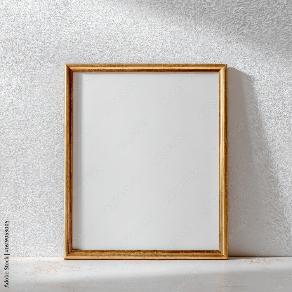 Obraz premium Empty wooden frame mockup, sunlit wall, minimalist interior, design template