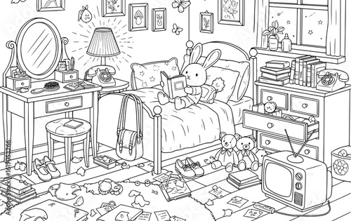 Bunny reading bedtime story in cozy messy bedroom for coloring page