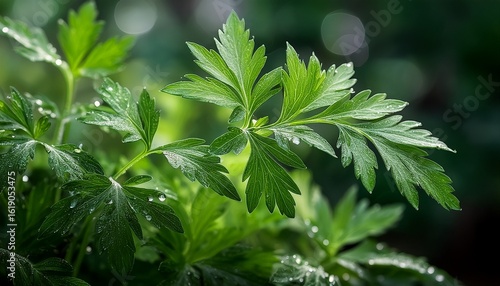 mugwort plant branches glistening with water droplets in a serene natural setting
