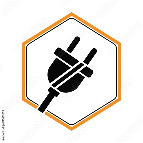 Black electric plug icon inside orange hexagon power plug
