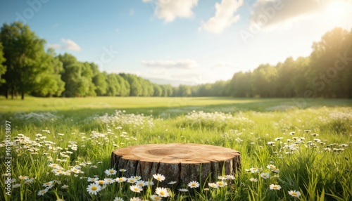 Fototapeta Naklejka Na Ścianę i Meble -  Wooden podium in sunlit field with daisies. Natural setting perfect for displaying farm fresh products, seasonal fruits, or juices. Countryside landscape with green grass and trees under blue sky.