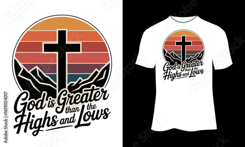 God is Greater Than the Highs and Lows – Christian Circular Design with Cross, Mountains, and Sunset Gradient