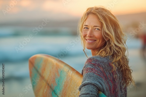 Joyful middle aged female surfer smiling at the camera during a summer sunset on a beautiful beach enjoying an active vacation by the ocean