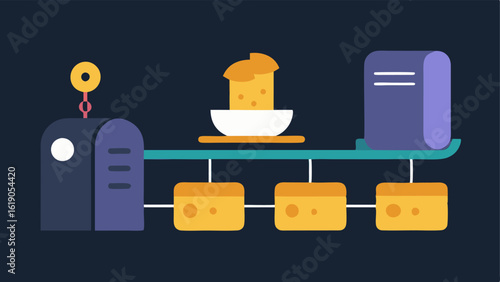 Assembly Line Diagram This vector graphic depicts an assembly line with different stages of the toasting process. Starting on the left there is an image of a loaf of bread on a