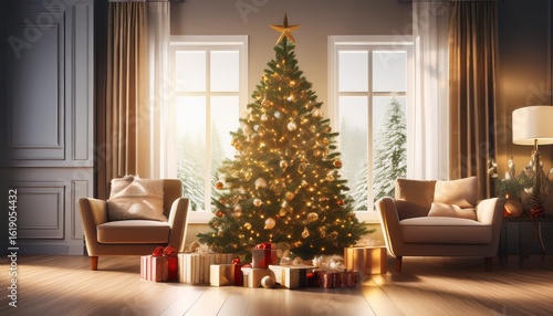 festive christmas tree with ornaments and blurred red background
