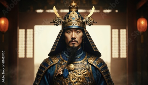 Chinese dynasty warrior portrait in ornate battle armor. Fierce soldier wears detailed helmet, plated metal protection, embodying ancient military strength, cultural heritage from distant historical
