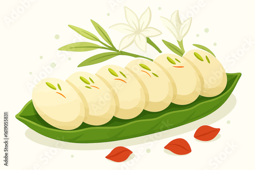 Creamy rasgulla sweets gleam on a leaf. Food illustration for social media, menus, and branding.