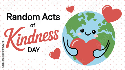 Random acts of kindness day image for sharing love and spreading kindness with cute earth illustration