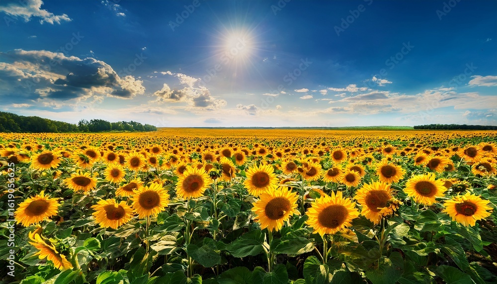 Obraz premium sunflower field blooms under a bright sun on a summer day in bela sunflowers field in summer bright sunny and windy day in belarus