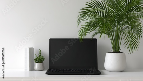 Wallpaper Mural Minimalist Home Office Workspace Laptop, Plant, Desk Torontodigital.ca
