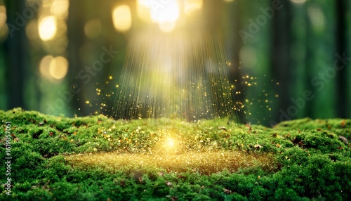 magical glowing golden particles hovering above a textured green forest floor with a blurred background