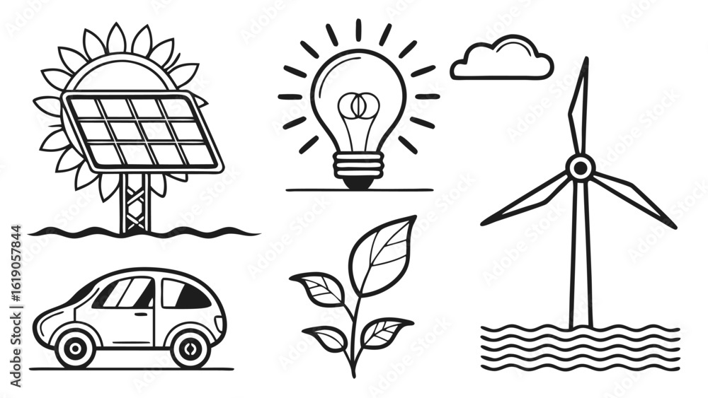 Fototapeta premium Solar panel light bulb plant car wind turbine icons vector