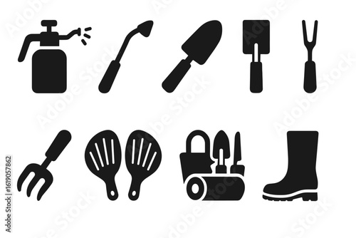 Gardening tools solid icon set. essential garden equipment icons solid collection