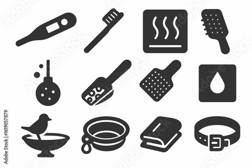 Bathroom essentials solid icon set with hygiene, grooming, water for easy navigation