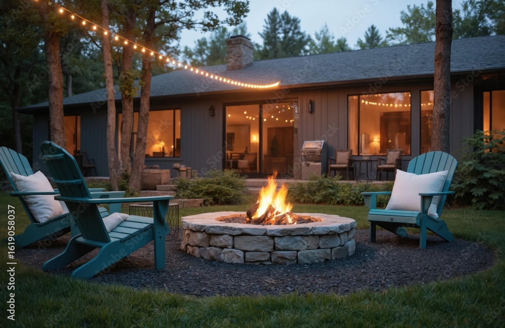 Fototapeta premium Cozy backyard fire pit gathering with string lights, teal Adirondack chairs, comfortable pillows. Stone fire pit with active flames, gravel ground, green grass, trees creates serene evening