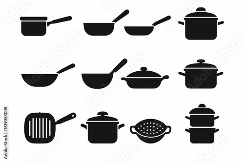 Kitchen, cooking silhouette icon set. pots, pans, culinary essentials silhouette collection