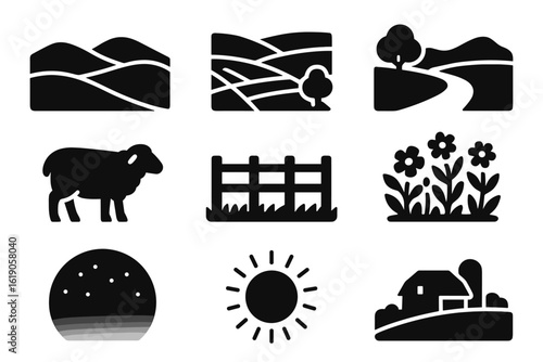 Agriculture, farming silhouette icon set. rural, nature, harvest icons collection