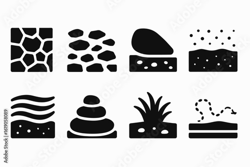 Nature elements filled icon set. stones, plants, water, soil icons collection