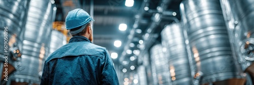 Worker inspects stainless steel tanks in a large industrial facility during the day