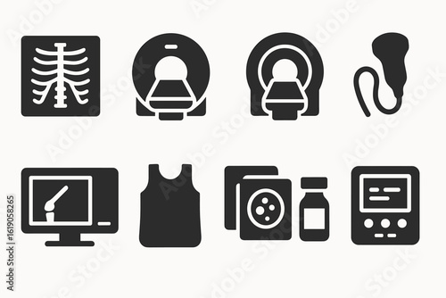 Medical equipment solid icon set. hospital, diagnostic, healthcare, imaging icons