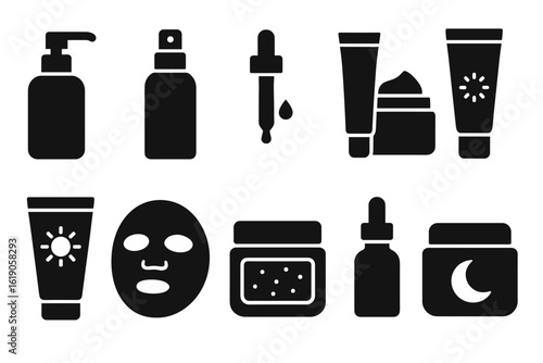 Beauty and skincare silhouette icon set. cosmetics, spa, wellness silhouettes.