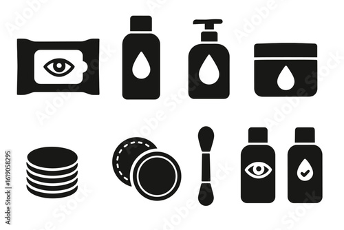 Skincare and hygiene solid icon set. cream, cleanser, and more in solid style