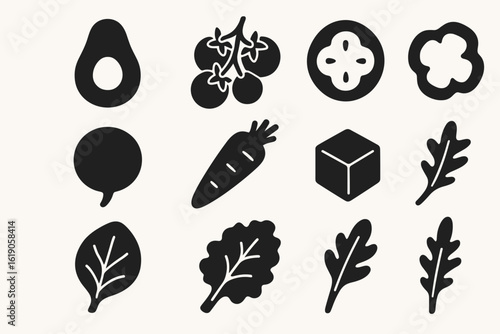 Vegetable and herb solid icon set. fresh produce, organic cooking, food symbols