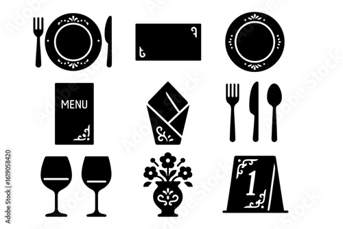 Restaurant, dining silhouette icon set for menus and tableware in style