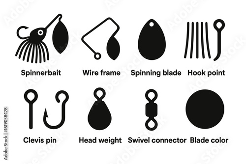 Fishing gear solid icon set: lures, hooks, swivels, and blades collection
