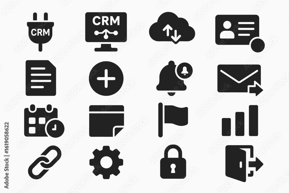 Business management solid icon set. crm, cloud, security, communication icons collection Business management solid icon set. crm, cloud, security, communication icons collection