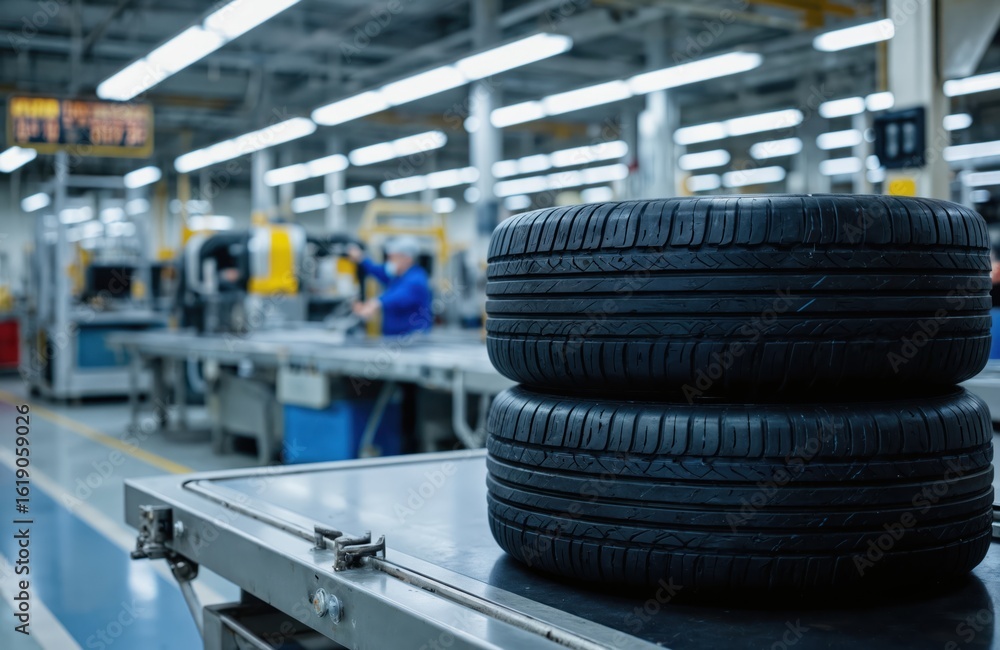 Fototapeta premium Stack of car tires in factory setting. Modern tire manufacturing plant with industrial machinery, workers in background. Focus on new rubber wheels, suggesting automotive production, transportation