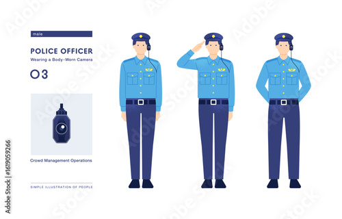 雑踏警備活動をする警官  ボディカメラを頭に装着したおまわりさんのベクターイラスト 全身のセット