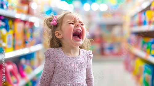 Emotional outburst of a toddler girl crying loudly in a colorful store aisle