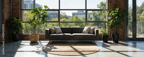 Modern lounge with large windows, offering city views and rich plants. Features a comfortable grey sofa with cushions, natural fiber rug, and indoor plants. Roomy, bright, stylish interior design.